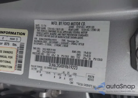 2015 Lincoln Mkz z USA, uszkodzony, nr VIN 3LN6L2GK0FR619223